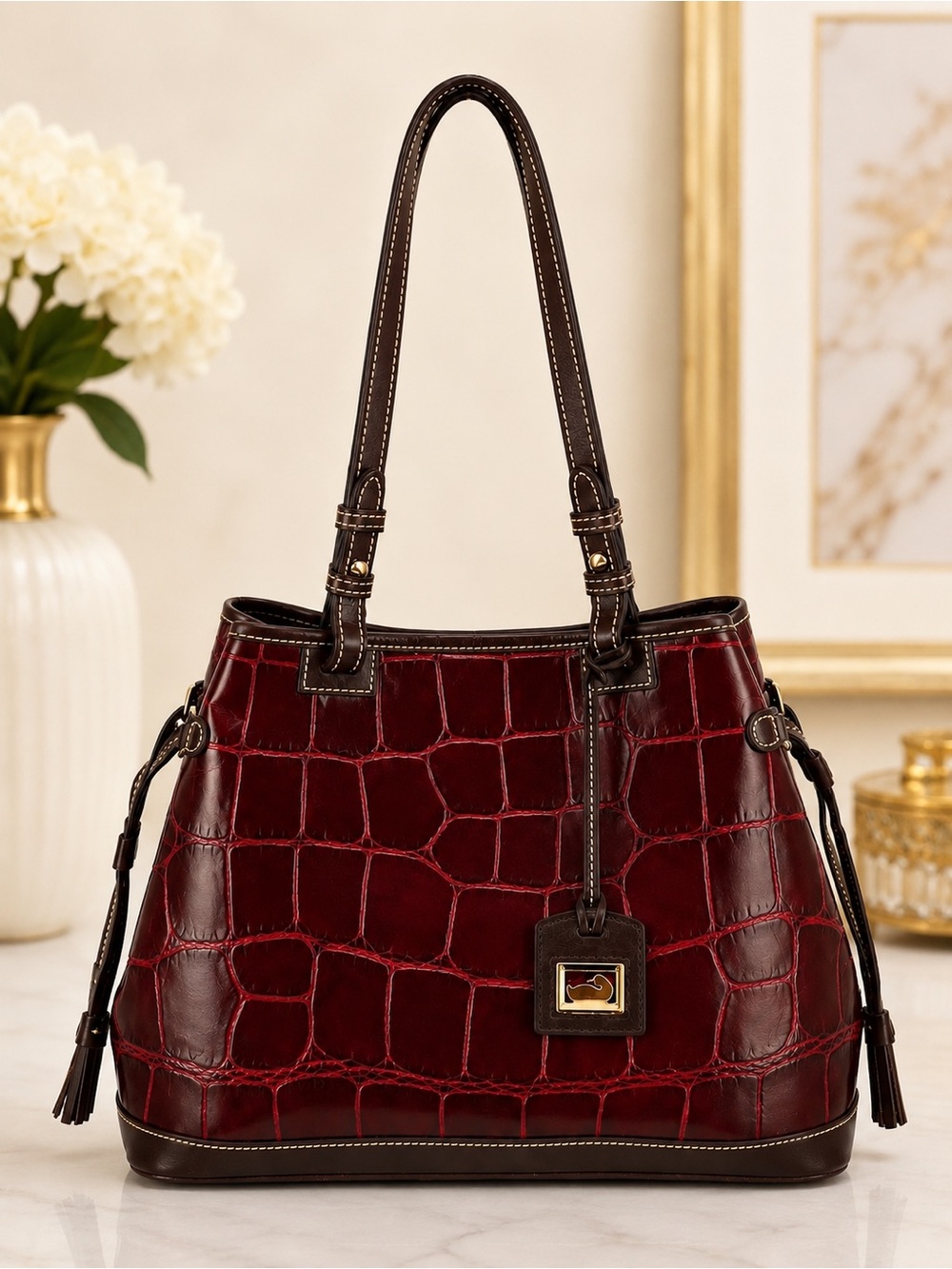 Dooney & Bourke Bordeaux Croc Embossed Leather Tassel Tote Shoulder Bag Large Pu